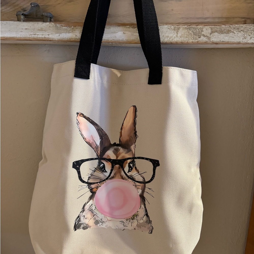 Hand Crafted Cream and Black Tote with Whimsical Rabbit Design
